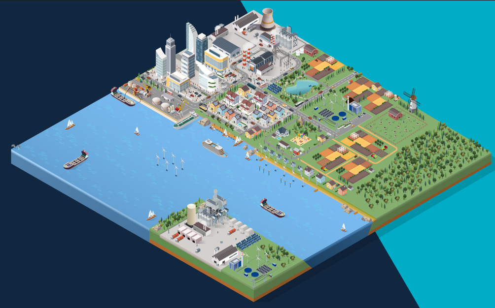 A isometric city with water and buildings

Description automatically generated